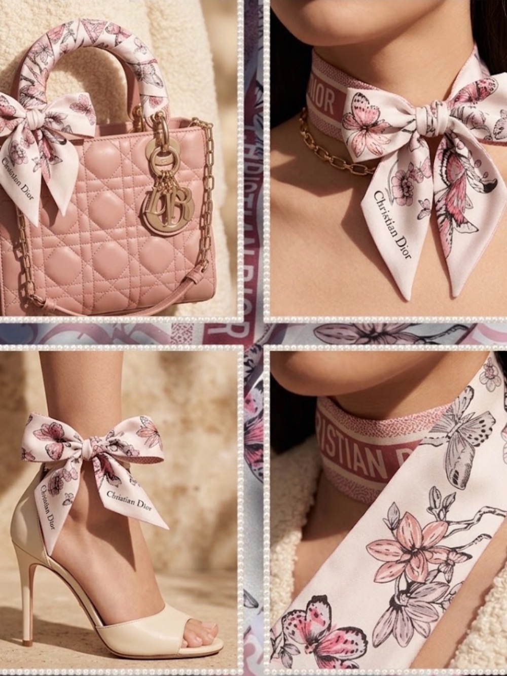 Dior Pink and White Floral Silk Twilly Mitzah Scarf 100% Silk New GWP
